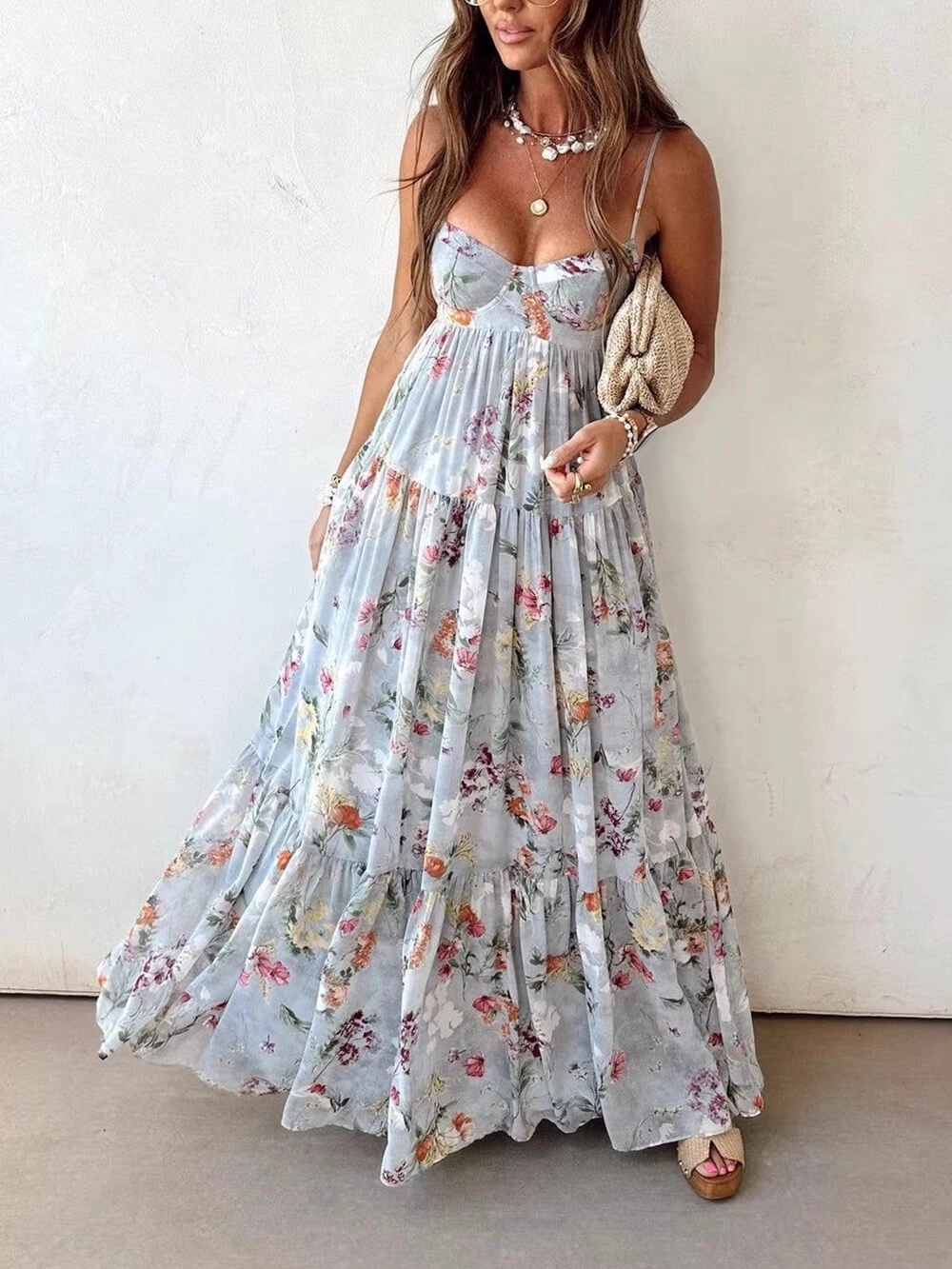 Light Blue Floral Maxi Dress with Red & Coral Accents - NWOT